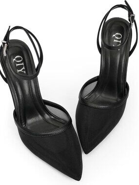 Women's Black Mesh Closed Toe Ankle Strap Heels Pointed Toe Sandals